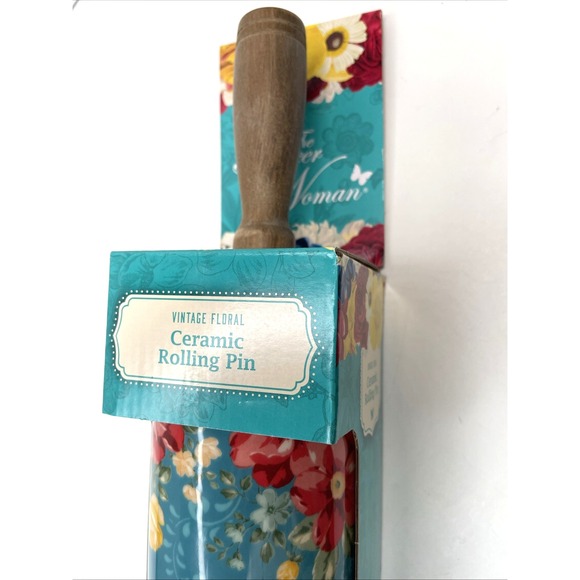 The Pioneer Woman Vintage Floral Ceramic Rolling Pin w/Acacia Wood Handles NWT - Picture 3 of 6